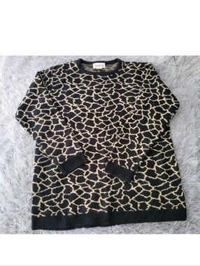 Vintage 90s Westbound Knit Sweater Giraffe Animal Print Crew Neck Black Tan L